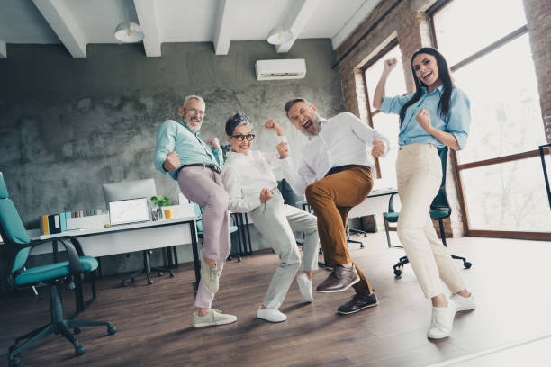 istock Full length low view photo of teamwork startup partners winning comfortable nice creative startup office loft room interior 2177722818
