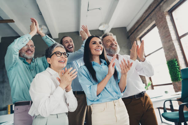 istock Photo of teamwork people working together congratulation celebrate applause comfortable modern office loft room interior indoors workspace 2177722820