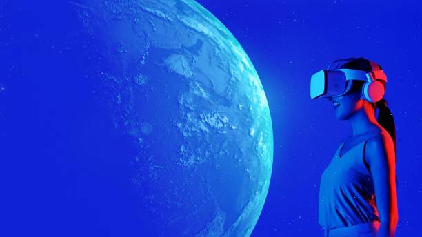 Woman in VR glasses looking rotating earth surface turning to metaverse world in future global innovation interface digital 3D infographic network technology visual hologram animation. Hallucination.