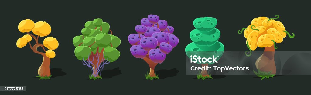 Fantastic Tree And Alien Magic Plants Game Asset Vector Set Stock ...