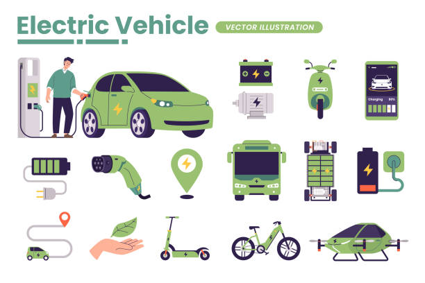 ilustraciones, imágenes clip art, dibujos animados e iconos de stock de conjunto de ilustración vectorial de elementos de vehículos eléctricos - cargador de batería