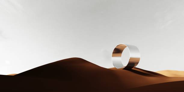 istock Abstract desert landscape with 3D rendering of mirrored objects and sand dunes. 2177729557
