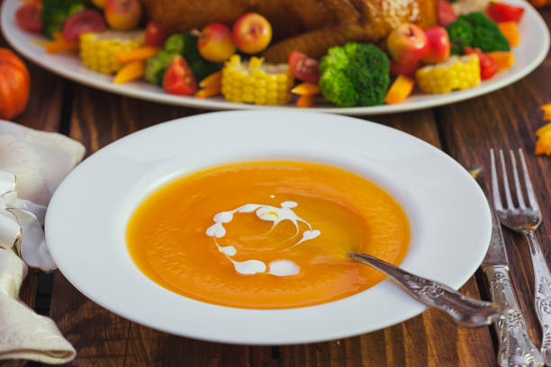 Pumpkin soup served for Thanksgiving meal