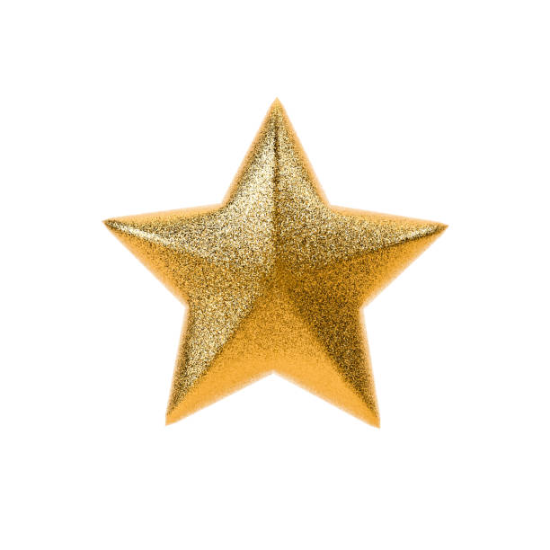 Glitter textured yellow gold colored star shape on white background.