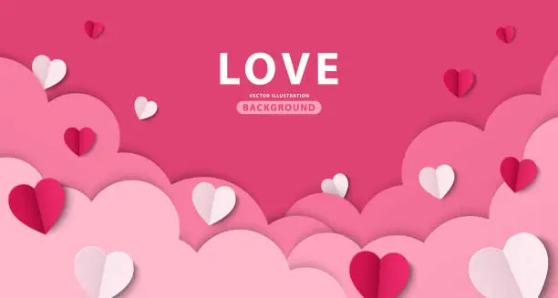 Happy Valentine's Day poster. Beautiful paper cut white clouds with heart on pink background. Design for Anniversary. Banner for showing love. Copy space for text. Papercut style. Vector illustration Happy Valentine's Day poster. Beautiful paper cut white clouds with heart on pink background. Design for Anniversary. Banner for showing love. Copy space for text. Papercut style. Vector illustration