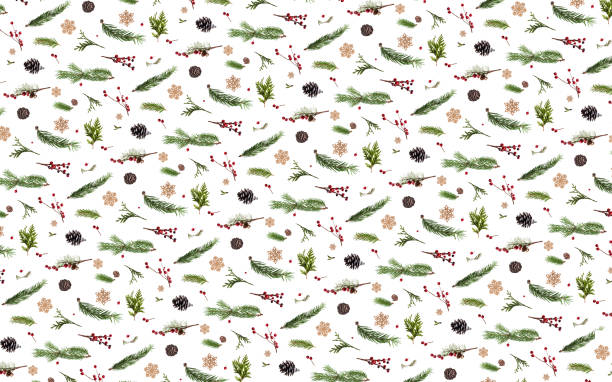 Christmas-themed seamless pattern with evergreen branches, pinecones, and red holly berries.