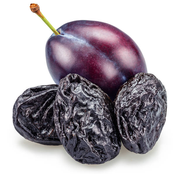 istock Ripe fresh prune plums and prunes isolated on white background. Clipping path. 2177742063