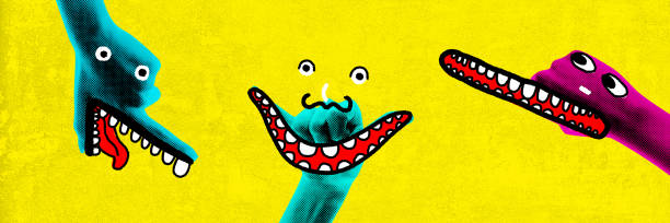 Three colorful hand characters with big teeth and silly eyes, creating humorous interaction on bright yellow background. Contemporary art collage. Concept of creativity, imagination and fantasy.