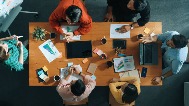 istock Top view of businesswoman sharing idea while stand at white board. Convocation. 2177745624