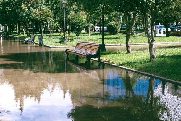flooded boulevard park with bench after heavy rains.