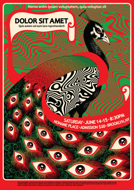 Psychedelic poster Psychedelic poster with a peacock in classic retro style concert poster template stock illustrations