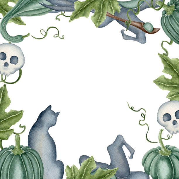 Cat and Pumpkin Frame Halloween watercolor illustration. Square frame of cats, broomsticks, pointed hats and pumpkins. Use for wallpaper, banner, textile, postcard or wrapping paper pumpkin patch watercolor stock illustrations