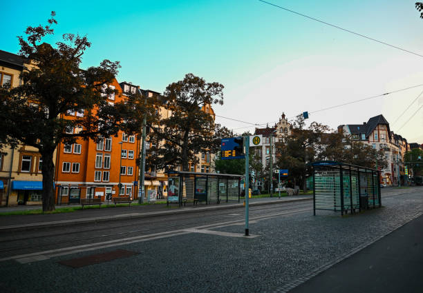 This image captures a street scene in the Buda of Budapest, Hungary, on a clear day. The view encompasses a roundabout with pedestrian crosswalks, surrounded by various buildings including multi-story apartment complexes and houses with distinct architectural styles. Lush greenery, including trees and manicured garden beds, lines the streets and sidewalks. Traffic signs are visible, indicating a functional urban environment within a residential neighborhood.