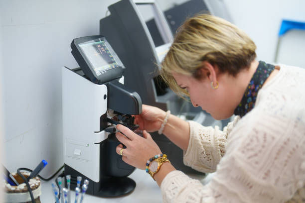istock Optician using an ophthalmology medical instrument for measuring glass lens 2177760521