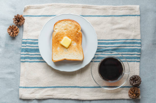 A simple breakfast of just toast with butter and hot coffee.