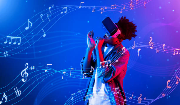 istock Man singing while wearing VR glasses surrounded with music notes. Ingenuity. 2177771511