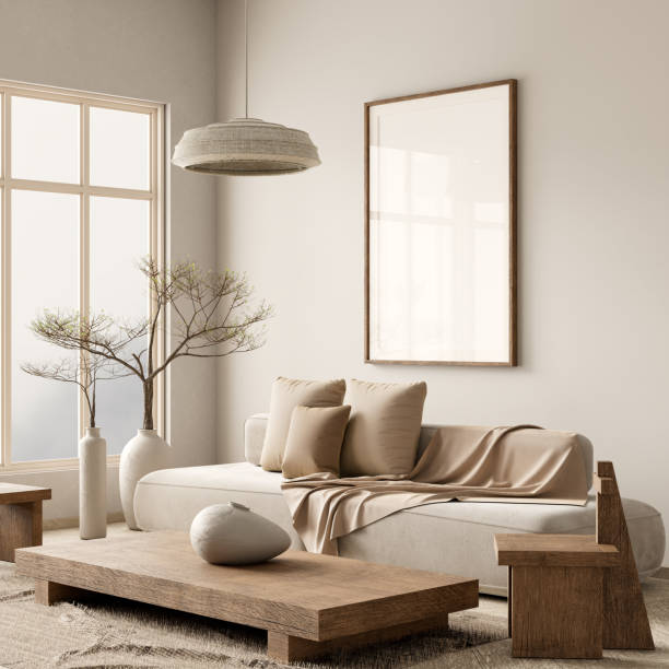 istock Mock up poster frame in boho style decorated livinig room. Modern, authentic Interior design of living room with wooden furnitures. 3D illustration 2177773222