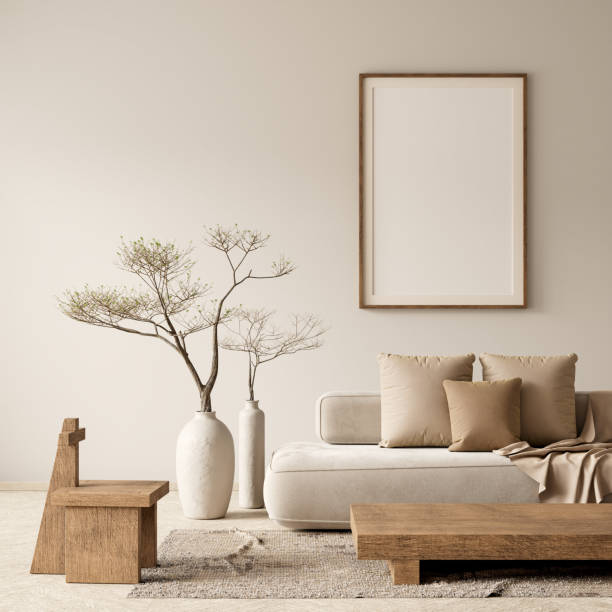 istock Mock up poster frame in boho style decorated livinig room. Modern, authentic Interior design of living room with wooden furnitures. 3D illustration 2177773240