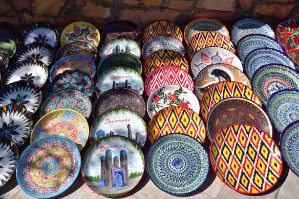 Traditional ceramic plates and bowls in a market stall in Turkey.