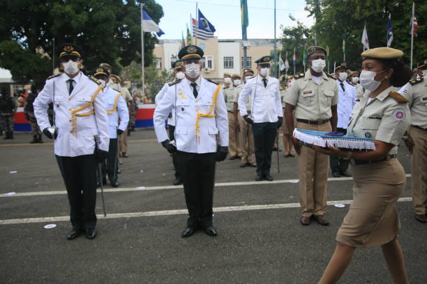 salvador, bahia, brazil - february 17, 2022: Members of the Bahia Military Police are seen during a parade at Vila Militar in Salvador.