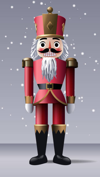 Christmas Nutcracker. Xmas toy is soldier on snowing background. Realistic 3d character in cartoon style, vector illustration.
