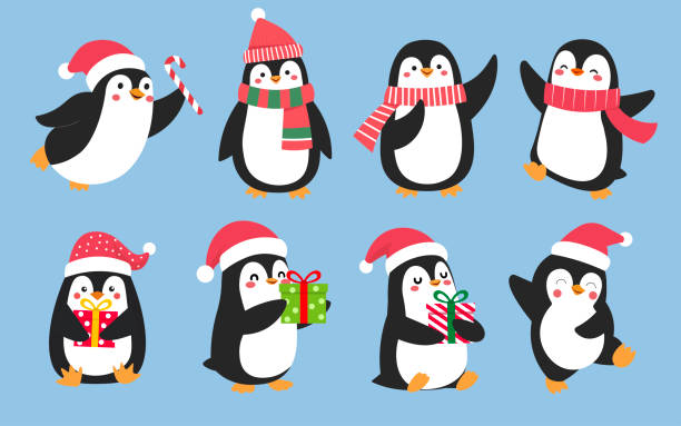 Cute Cartoon Penguin Character set,Joyful babies penguins with winter Scarf,Santa Claus hat and Gift box,Isolated vector Illustration ,Merry Christmas festival,Christmas sale banner,Template and Card