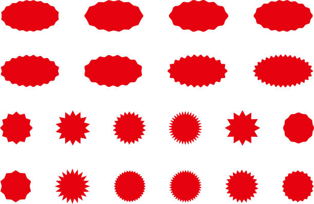 Starburst red sticker set - collection of special offer sale oval and round shaped sunburst labels and badges. Promo stickers with star edges. Vector