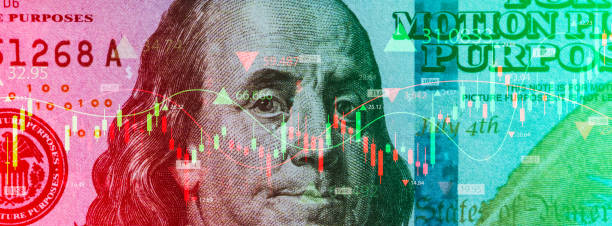 istock Benjamin Franklin face on US dollar bill with stock market chart graph, currency exchange, forex. 2177785252