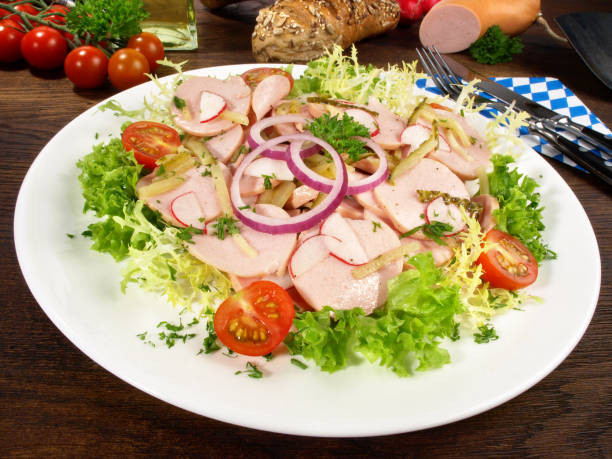 German Sausage Salad with Pickles and Onions
