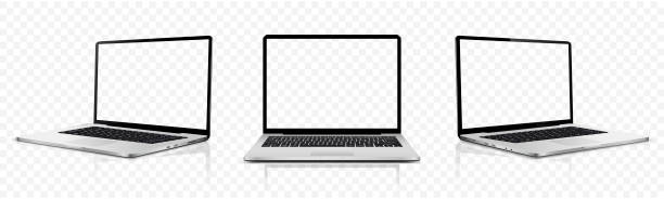istock Laptop transparent screen mockup. Realistic laptop in different positions isolated on transparent background. 2177788117