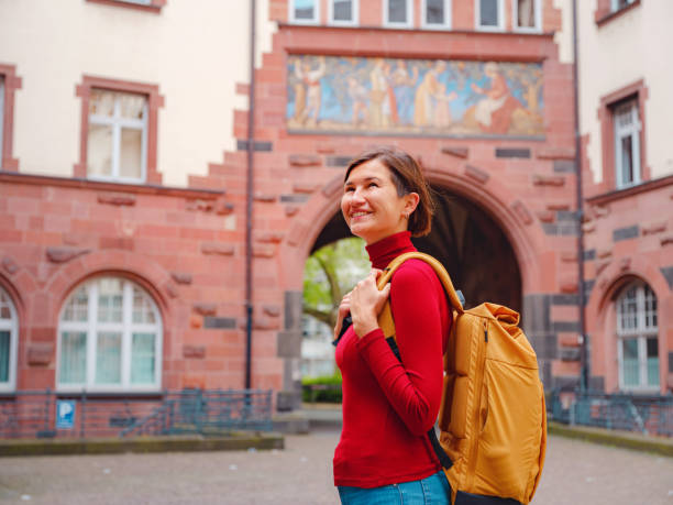 istock Tourist woman explores modern Frankfurt, 2177795448