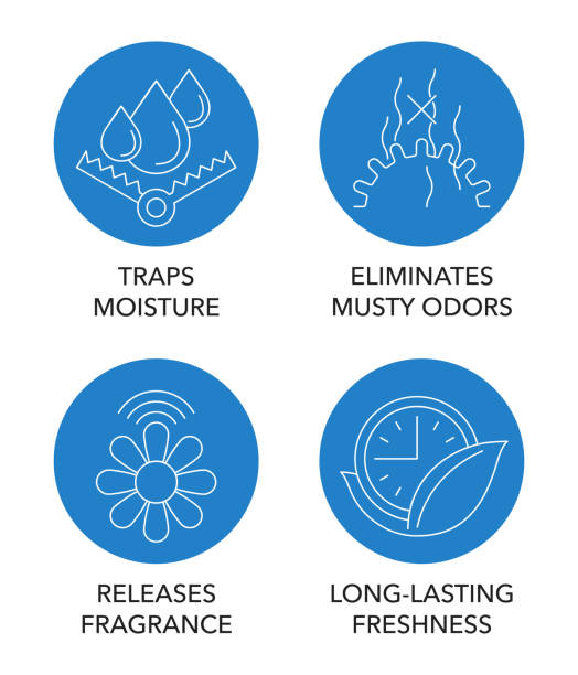 Absorber icons - Traps moisture, Eliminates odors, Releases fragrance, Long-lasting Moisture absorber features icons set - Traps moisture, Eliminates musty odors, Releases fragrance, Long-lasting freshness. Pictograms for labeling in thin line and blue circular shapes home fragrance stock illustrations