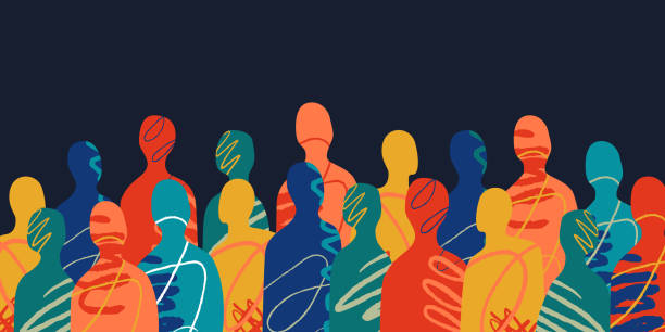 A crowd of abstract multicolored silhouettes of people made in the collage style. A metaphor of unity and partnership.