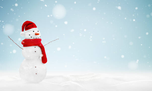 istock snowman in santa hat standing in snowdrift 2177804142