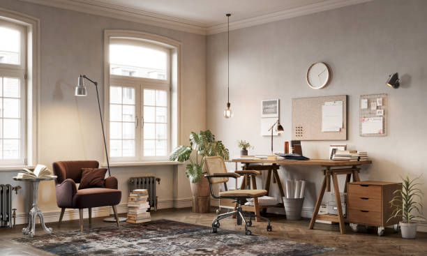 istock Digitally Rendered Reading Nook with Elegant Armchairs and Bookshelves 2177809041
