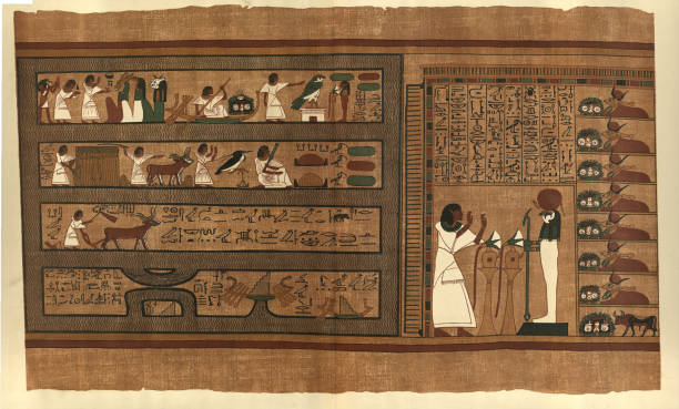 Ancient Egyptian papyrus, Mythology, History Egpyt, Art, Ani in the Elysian Fields, Thoth, triad of Gods Vintage illustration from the Papyrus of Ani a papyrus manuscript in the form of a scroll with cursive hieroglyphs and color illustrations that was created c. 1250 BCE, during the Nineteenth Dynasty of the New Kingdom of Ancient Egypt ancient egyptian gods stock illustrations