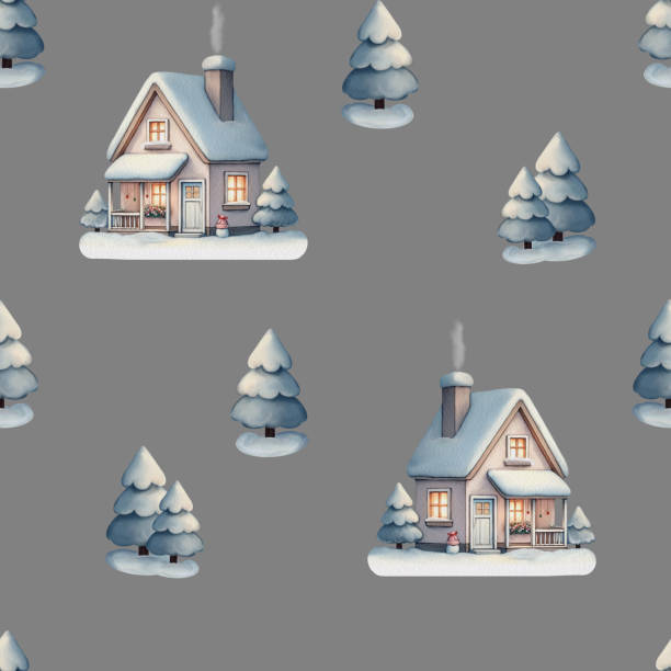 istock Charming Winter Wonderland: A delightful collection of Christmas elements cozy winter house, festive bows, jingle bells, warm mugs, sparkling snowflakes, and snow-covered fir trees, psttern, socks 2177812921