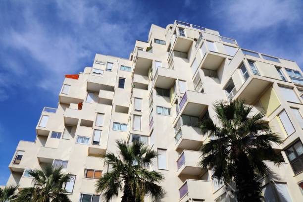 Modern ziggurat style architecture of famous centrally planned resort town La Grande-Motte in Occitanie region of France.