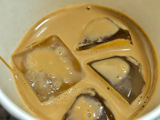 istock Close up of iced latte coffee with ice cube. Coffee with milk. Beverage menu 2177820609