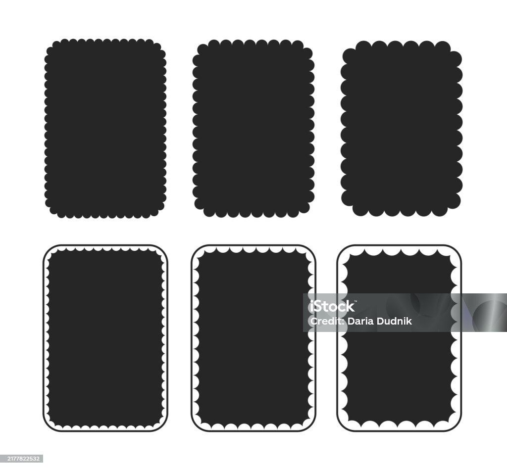 Rectangular vertical shapes with wavy edges set. Silhouette scallop borders, text boxes templates. Black Color stock vector Rectangular vertical shapes with wavy edges set. Silhouette scallop borders, text boxes templates. Black Color stock vector