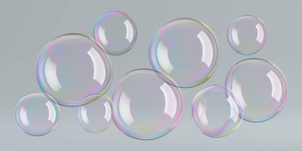 istock Transparent circle soap bubbles float in bath water, 3D glycolic sphere. Rainbow glass ball reflects suds. Liquid drops, gradient contrast flare on gray, wash design elements, air balloons in wind. 2177833960