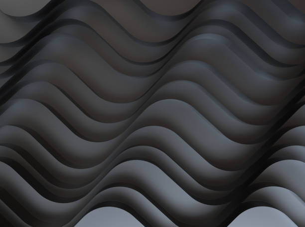 Black background. 3D abstract architecture wallpaper. Geometry cover. Wavy texture. Ripple surface concept. Plastic elements. Curve lines flow. Minimal backdrop.