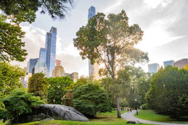 This is a wide angle photograph of the Midtown Manhattan skyline viewed from Central Park on a sunny autumn afternoon.