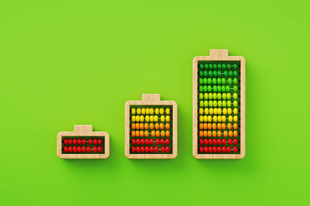 Battery symbols made of abacus on white background. Horizontal composition with clipping path and copy space. Battery life and charging concept.