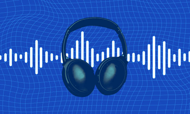 Headphone isolated on blue abstract grid background with soundwave illustration