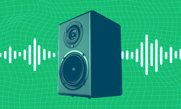 Speaker and soundwave design element isolated on green background