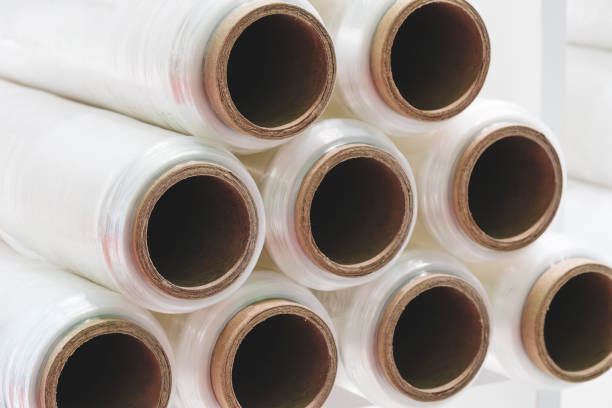 istock A pyramid stacked with rolls of stretch film 2177856741