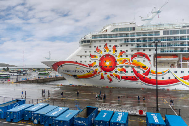 Victoria, BC, Canada - September 26, 2024: Norwegian Cruise Line’s Norwegian Sun ship docked at the Post of Victoria, British Columbia.
