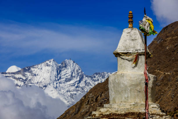 Buddhist stupa sacred building in Nepal. The greatest stupa in Kathmandu, Pokhara and Himalayas decorated with colorful tibetian prayer flags and Buddha eyes. Nepali religious shire