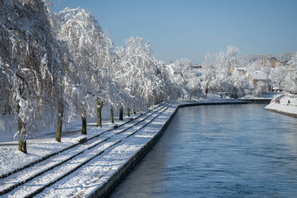 Cityscape in newly fallen snow in sunny weather.